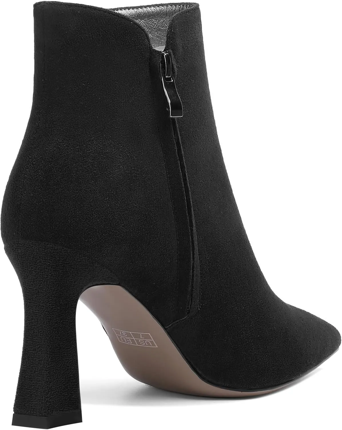 SHOWFOREST Womens Suede Cold Weather Pointed Toe Zip Solid Spool High Heel Ankle High Boots 3.3 Inch