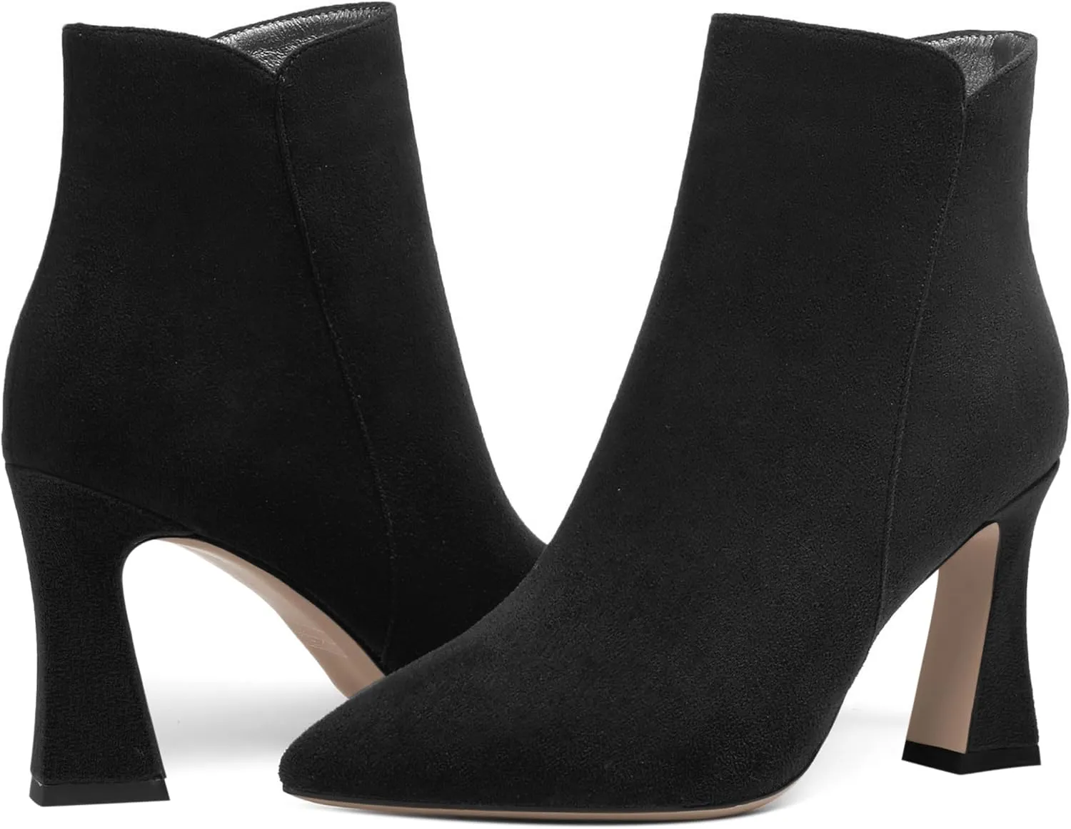SHOWFOREST Womens Suede Cold Weather Pointed Toe Zip Solid Spool High Heel Ankle High Boots 3.3 Inch