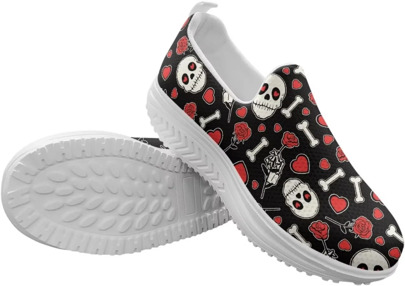 Skull Design Women's Slip-On Platform Loafers Mesh Non-Slip Rocker Bottom Sneakers Standing All Day Comfort