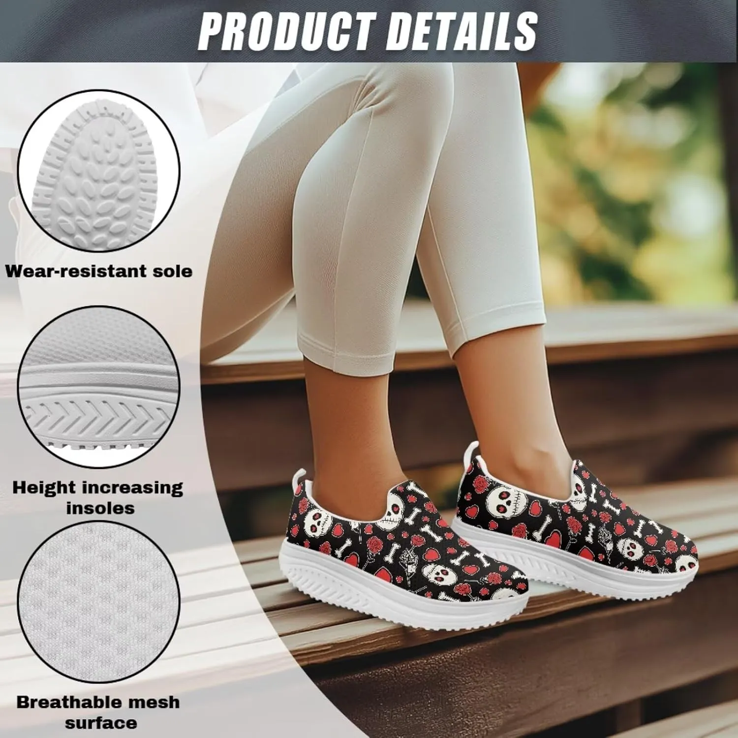 Skull Design Women's Slip-On Platform Loafers Mesh Non-Slip Rocker Bottom Sneakers Standing All Day Comfort