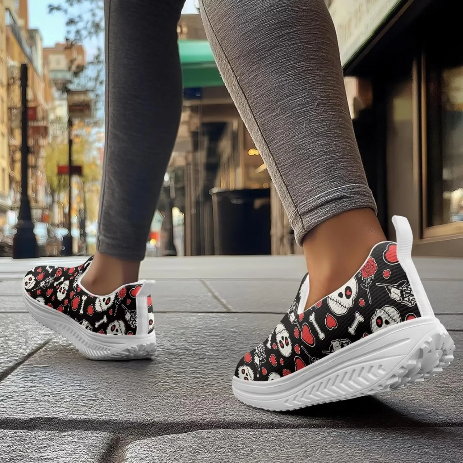 Skull Design Women's Slip-On Platform Loafers Mesh Non-Slip Rocker Bottom Sneakers Standing All Day Comfort