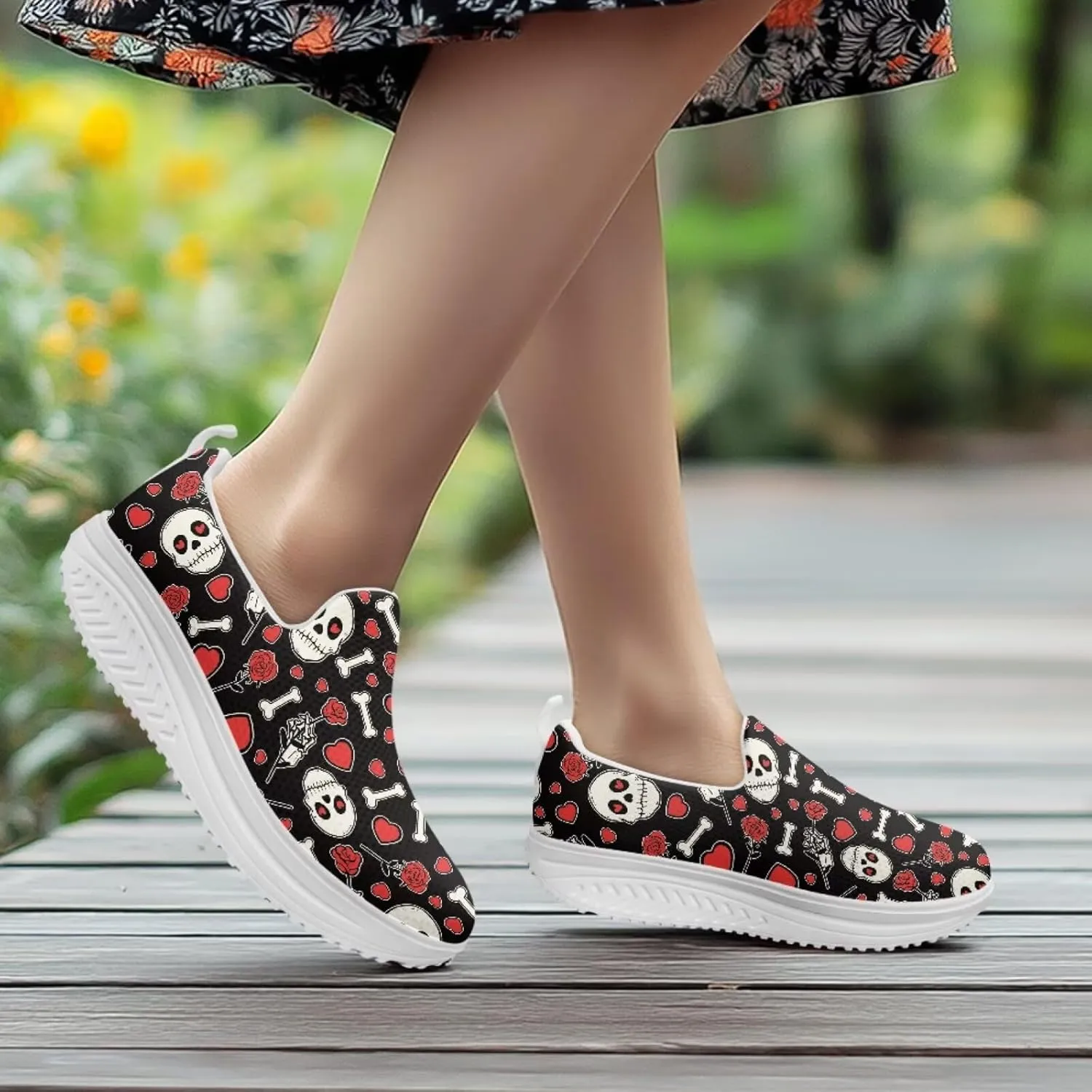 Skull Design Women's Slip-On Platform Loafers Mesh Non-Slip Rocker Bottom Sneakers Standing All Day Comfort
