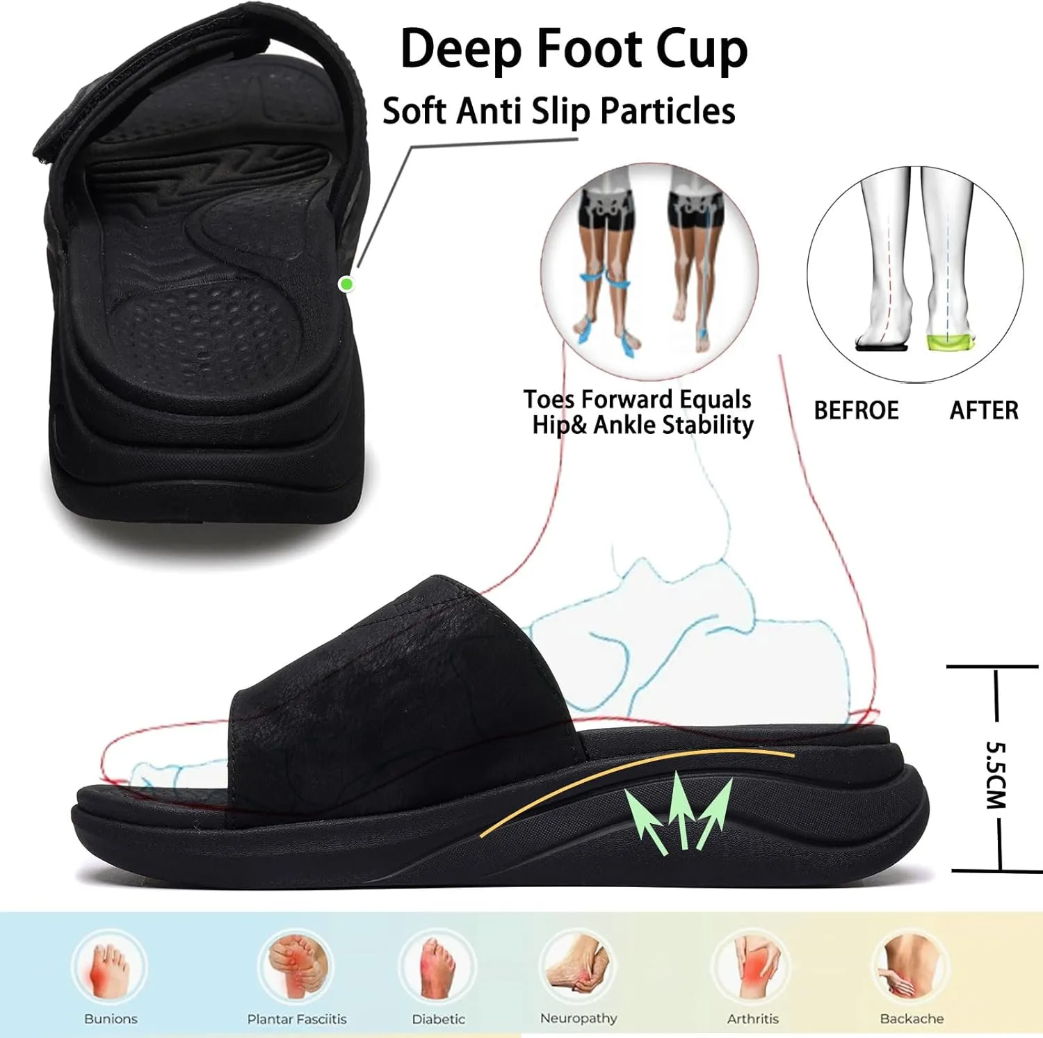 Slide Sandals for Women with Adjustable Width Arch Support Orthotic for Plantar Fasciitis Swollen Feet Pain Relief Neuropathy