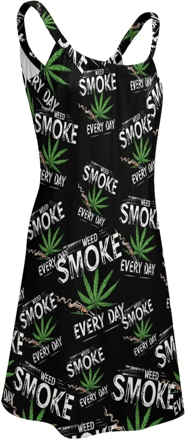 Smoke Weed Everyday Women's Spaghetti Strap Mini Dress Sleeveless Loose Fit Beach Summer Sundress