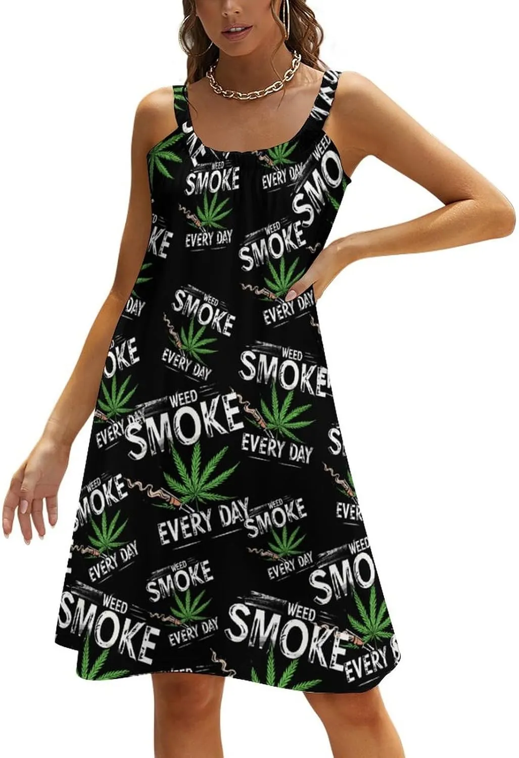 Smoke Weed Everyday Women's Spaghetti Strap Mini Dress Sleeveless Loose Fit Beach Summer Sundress