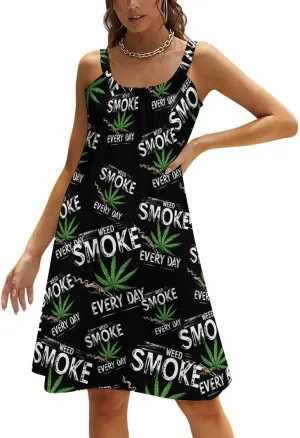 Smoke Weed Everyday Women's Spaghetti Strap Mini Dress Sleeveless Loose Fit Beach Summer Sundress