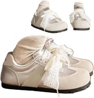 Sneakerina Satin Ballet Sneakers Women Girls Kawaii Y2K Retro Round Toes Non-Slip Lace-Up Cute Bow Sneakers Flat Slip on Comfort Dress Shoes Lolita Outfit Preppy Back to School Gifts for Girls Teens