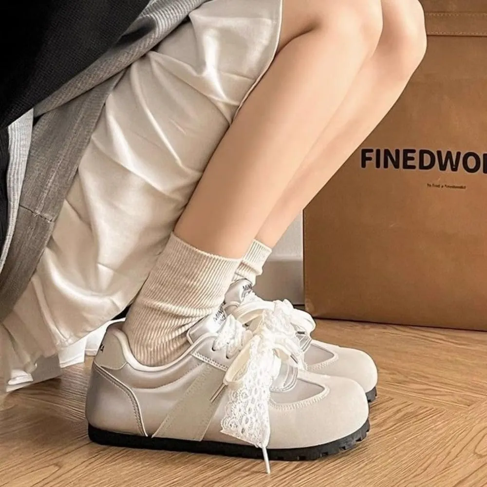 Sneakerina Satin Ballet Sneakers Women Girls Kawaii Y2K Retro Round Toes Non-Slip Lace-Up Cute Bow Sneakers Flat Slip on Comfort Dress Shoes Lolita Outfit Preppy Back to School Gifts for Girls Teens