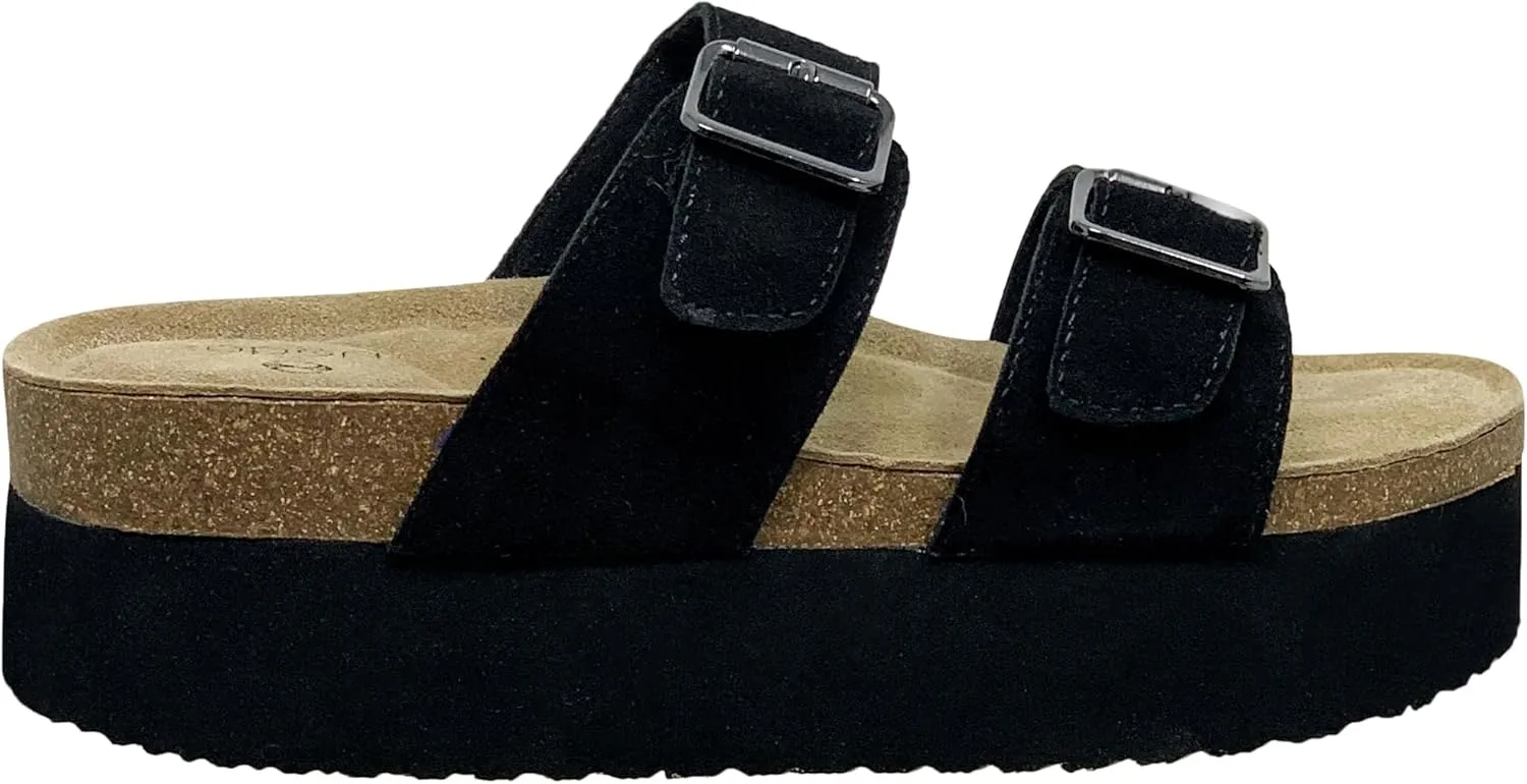 SOBEYO Women's Cork Footbed Sandals Platform Cow Suede Double Straps Bucklers Slip-on Flatform Comfort Flip Flops