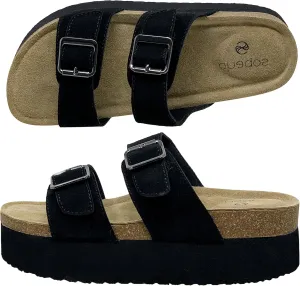 SOBEYO Women's Cork Footbed Sandals Platform Cow Suede Double Straps Bucklers Slip-on Flatform Comfort Flip Flops