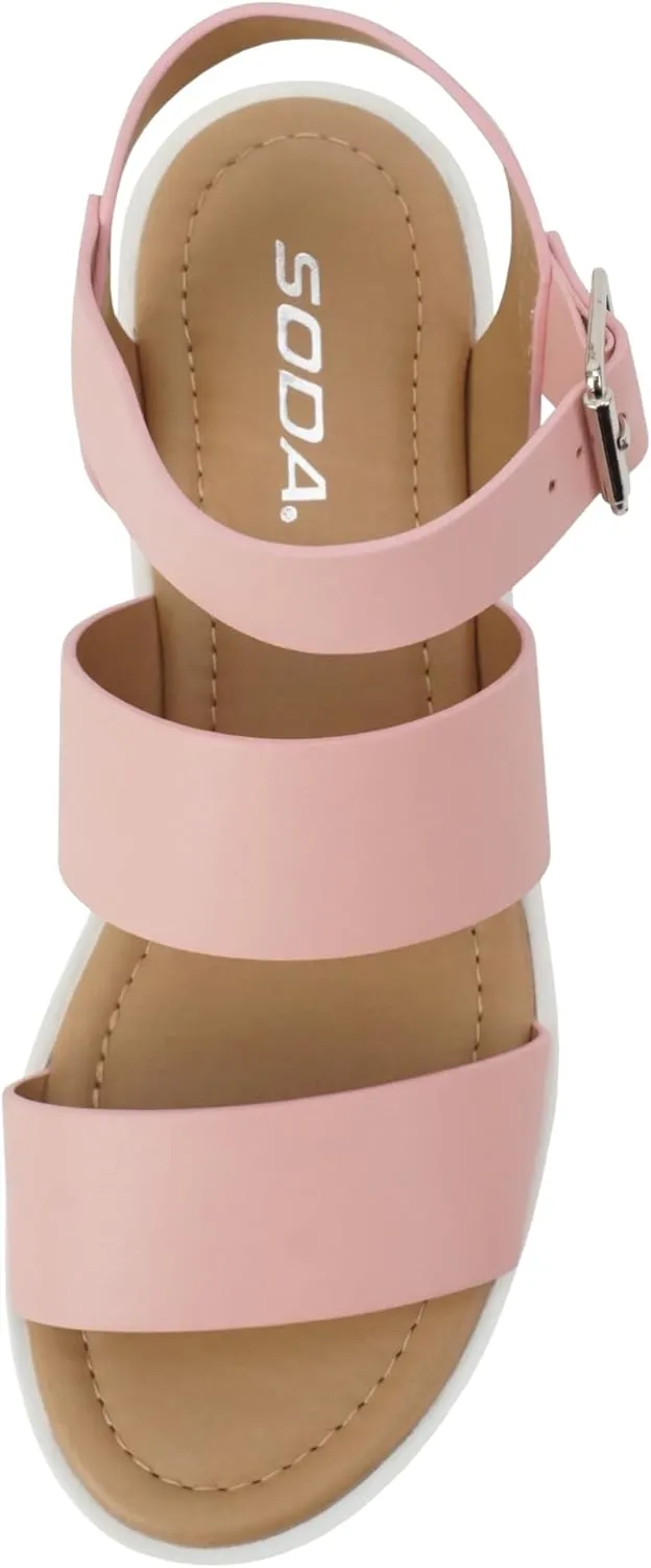 Soda ACCOUNT ~ Women Open Toe Two Bands Lug sole Fashion Block Heel Sandals with Adjustable Ankle Strap