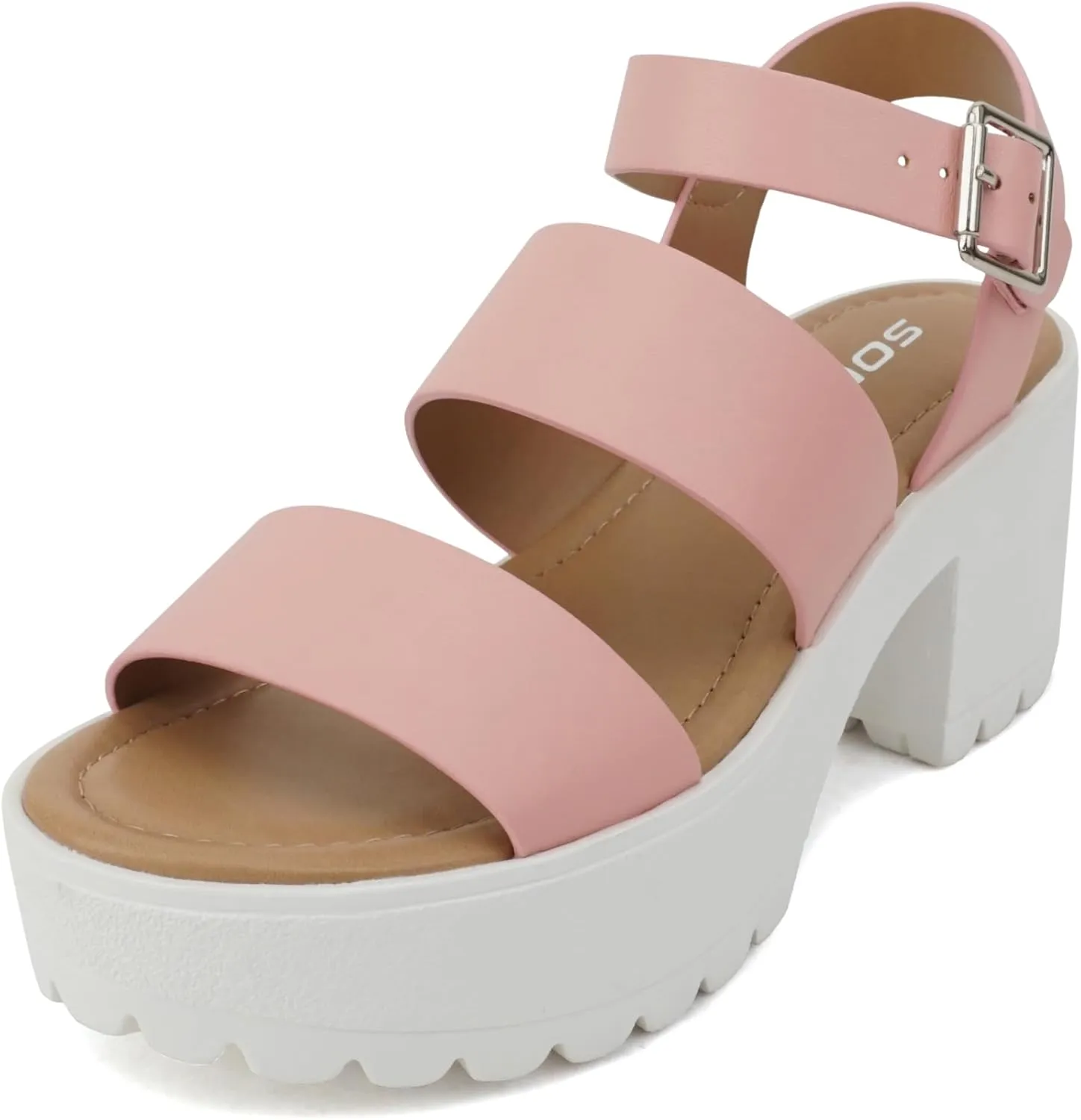 Soda ACCOUNT ~ Women Open Toe Two Bands Lug sole Fashion Block Heel Sandals with Adjustable Ankle Strap
