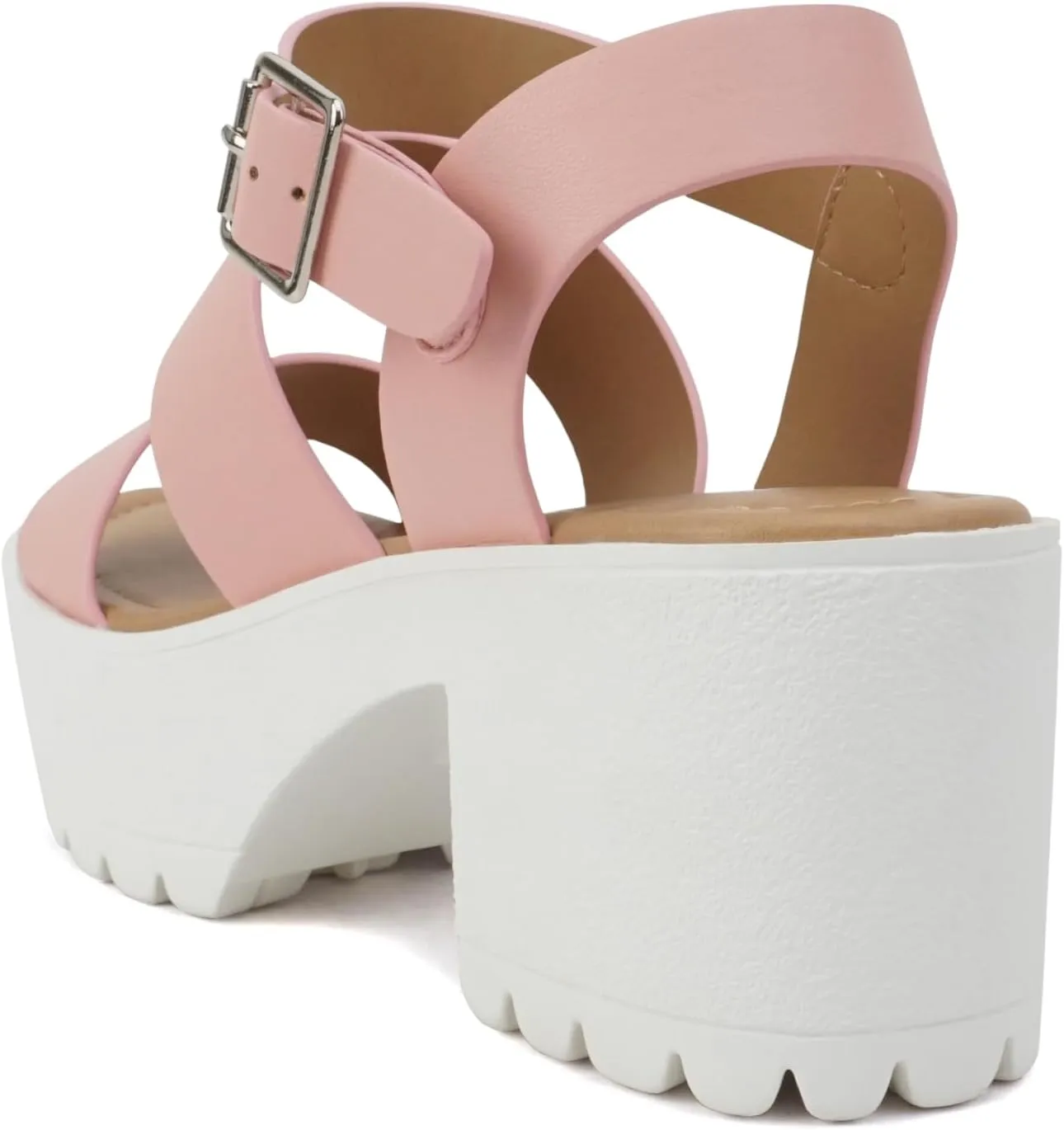 Soda ACCOUNT ~ Women Open Toe Two Bands Lug sole Fashion Block Heel Sandals with Adjustable Ankle Strap