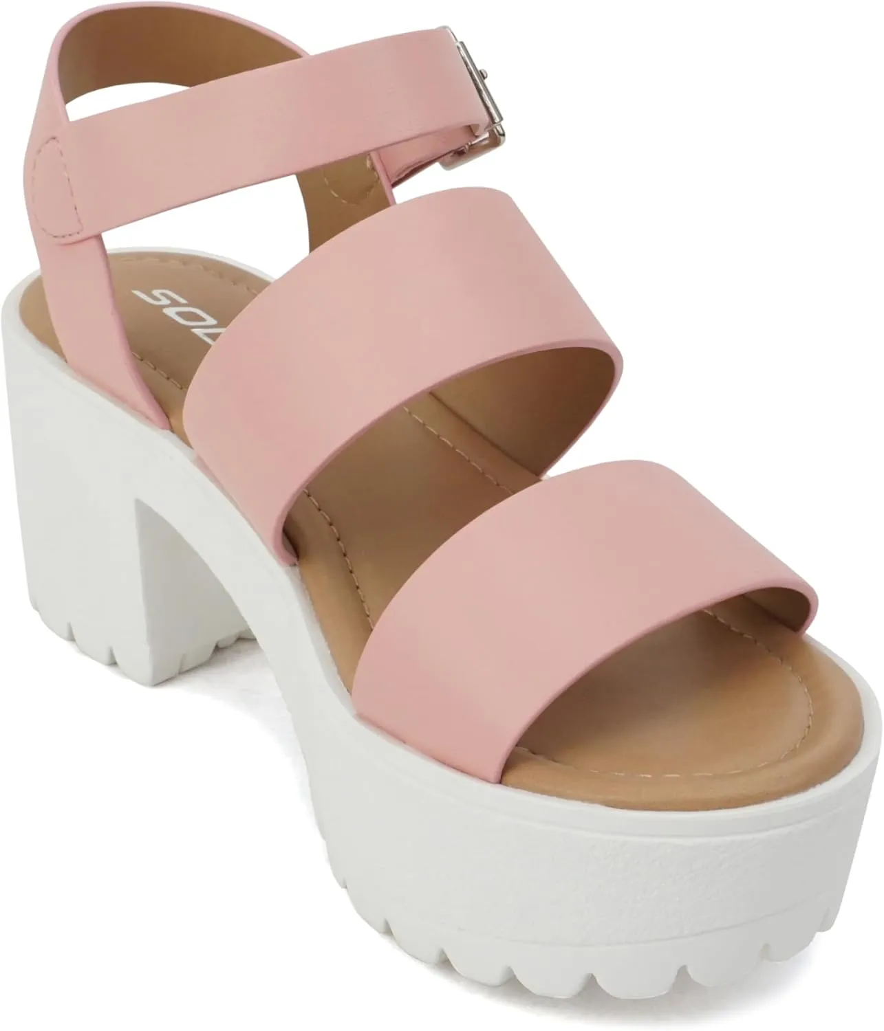 Soda ACCOUNT ~ Women Open Toe Two Bands Lug sole Fashion Block Heel Sandals with Adjustable Ankle Strap