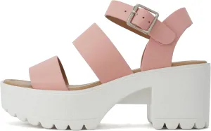 Soda ACCOUNT ~ Women Open Toe Two Bands Lug sole Fashion Block Heel Sandals with Adjustable Ankle Strap