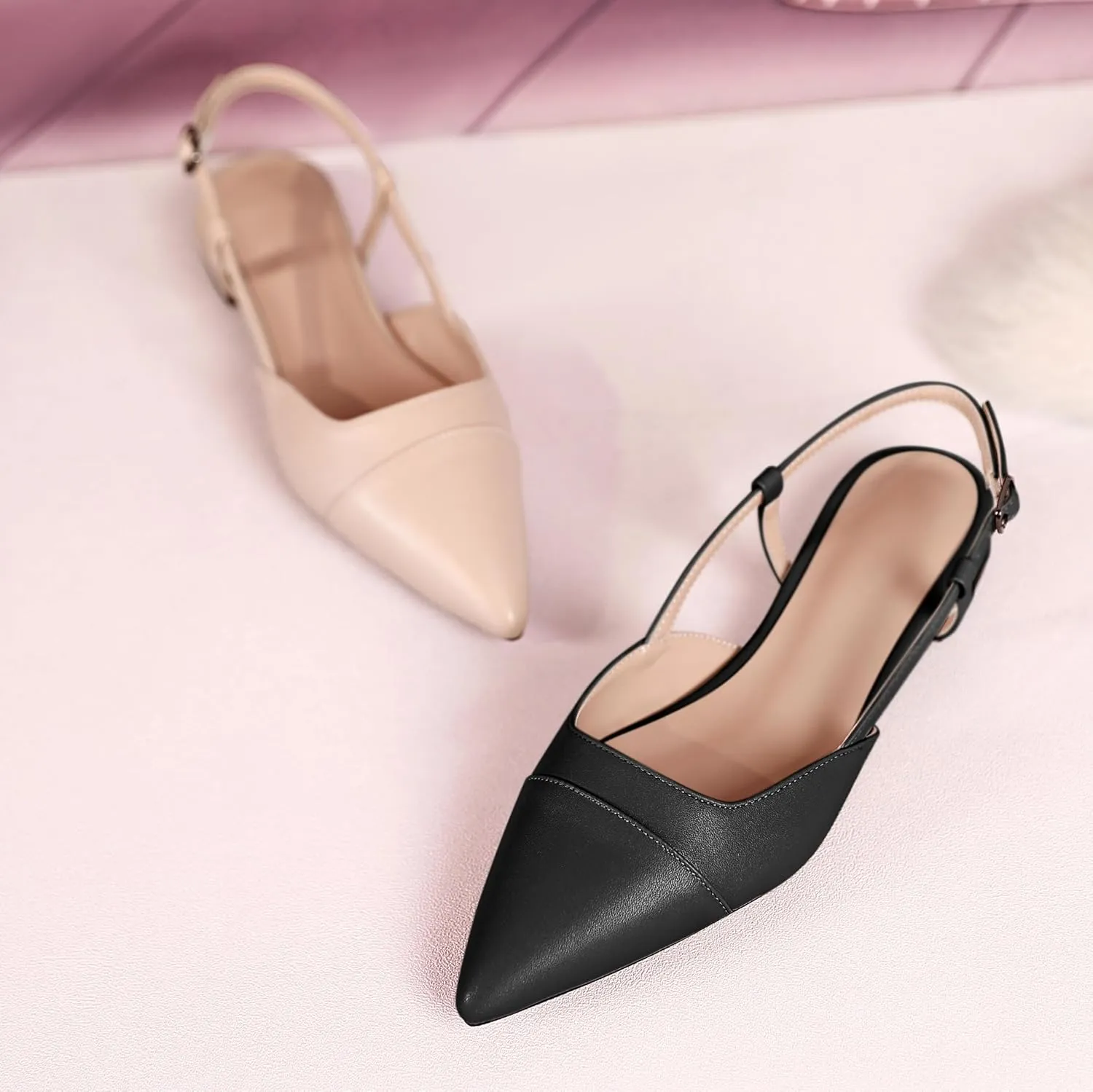 Soireelady Women's Slingback Flats, Closed Pointed Toe 2CM Ballet Flats, Cap Toe Comfortable Casual Flat Office Dressy Shoes