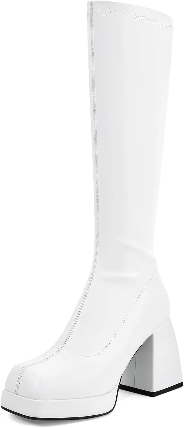 SOVANYOU Black Leather Boots Platform Boots for Women Square Toe Chunky Block Heeled Boots