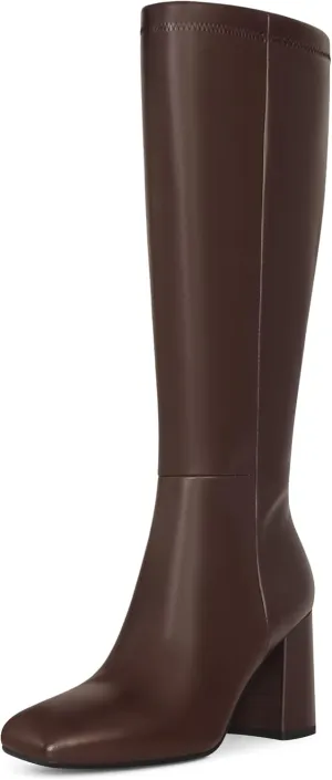 SOVANYOU Women's Faux Leather Tall Boots Fashion Square Toe Chunky Heel Knee High Boots with Side Zip