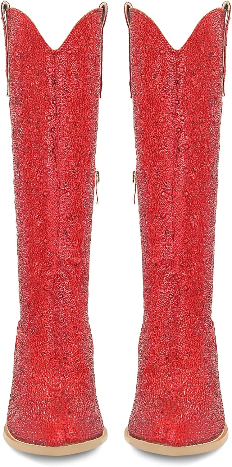 SOVANYOU Women's Rhinestone Cowboy Boots Pointed Almond Toe Block Heel Sparkly Cowgirl Boots