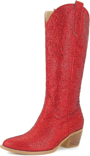 SOVANYOU Women's Rhinestone Cowboy Boots Pointed Almond Toe Block Heel Sparkly Cowgirl Boots