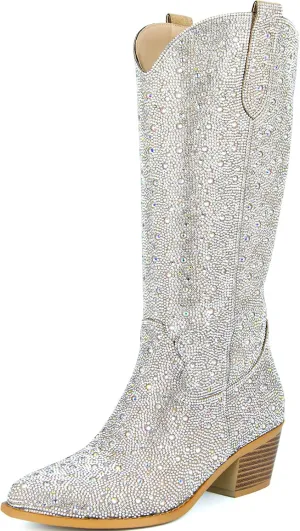 SOVANYOU Women's Rhinestone Cowboy Boots Pointed Almond Toe Block Heel Sparkly Cowgirl Boots