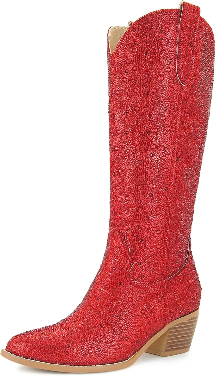 SOVANYOU Women's Rhinestone Cowboy Boots Pointed Almond Toe Block Heel Sparkly Cowgirl Boots