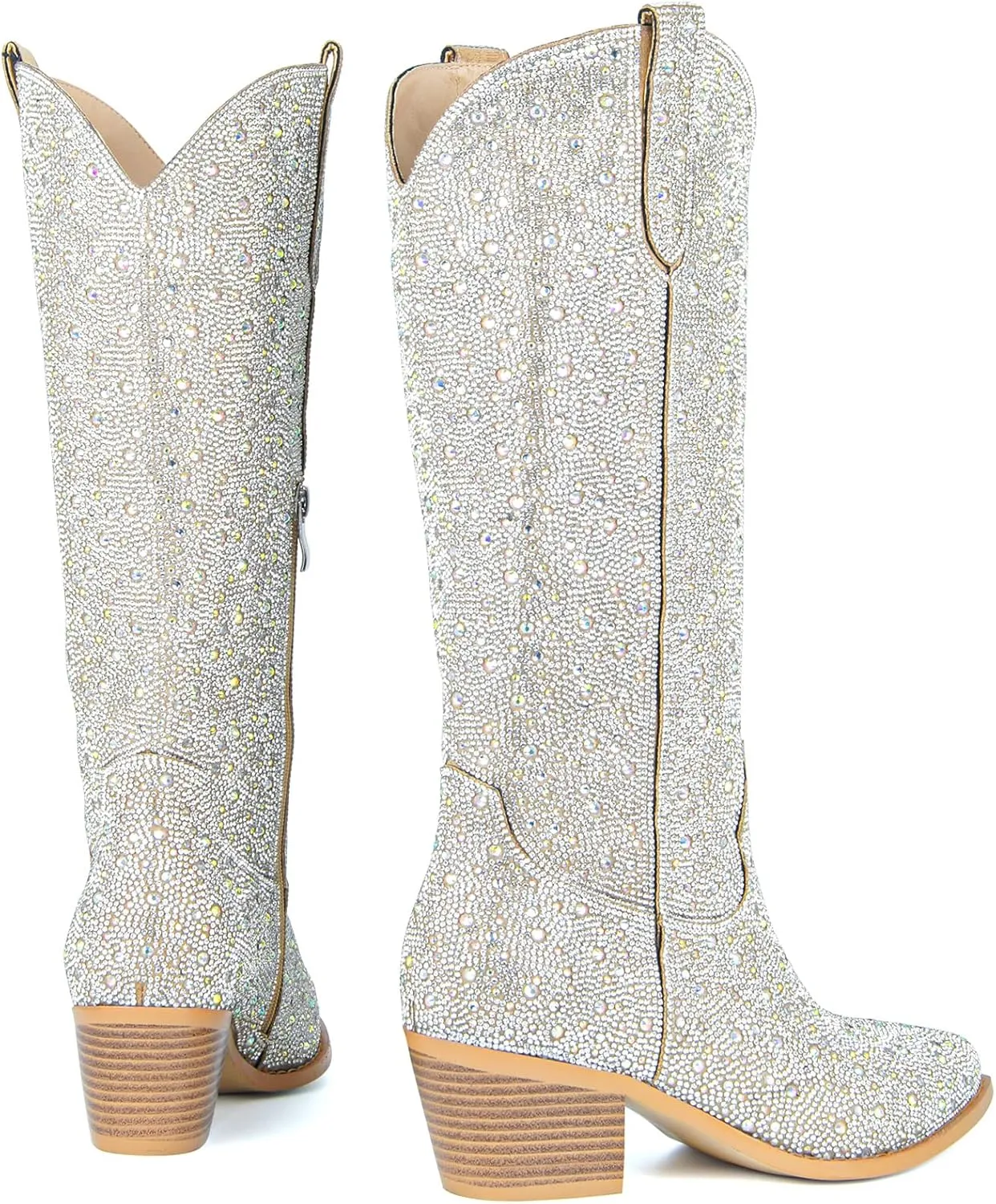 SOVANYOU Women's Rhinestone Cowboy Boots Pointed Almond Toe Block Heel Sparkly Cowgirl Boots