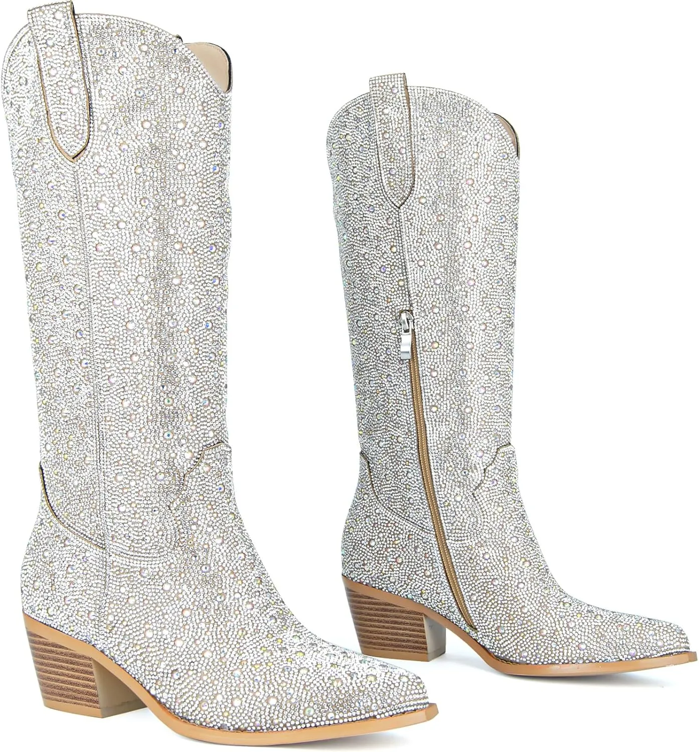 SOVANYOU Women's Rhinestone Cowboy Boots Pointed Almond Toe Block Heel Sparkly Cowgirl Boots