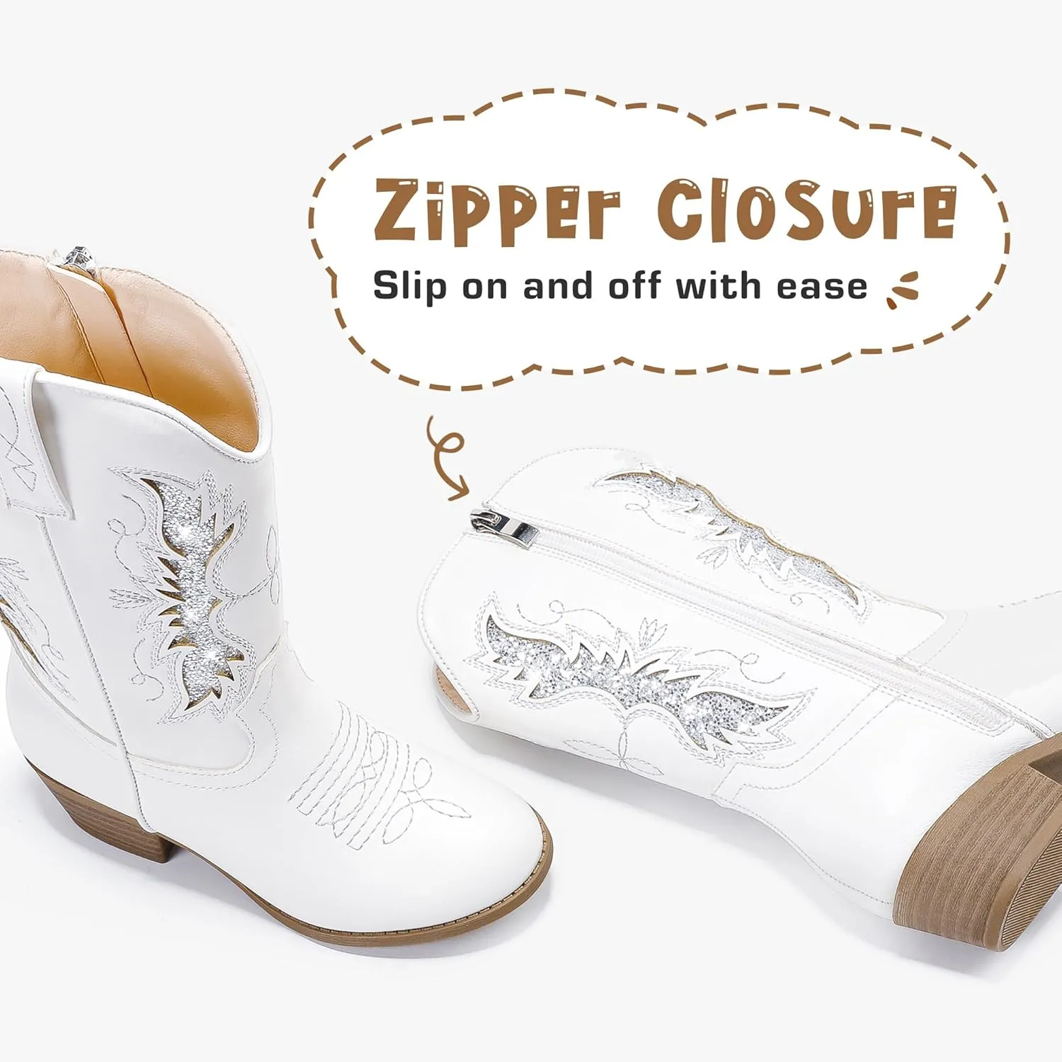 Sparkly Glitter Cowgirl Cowboy Boots for Girls Little Kids Mid Calf Zipper Pointed Toes Low Heel Western Embroidery Party Birthday Toddler to Big Kid