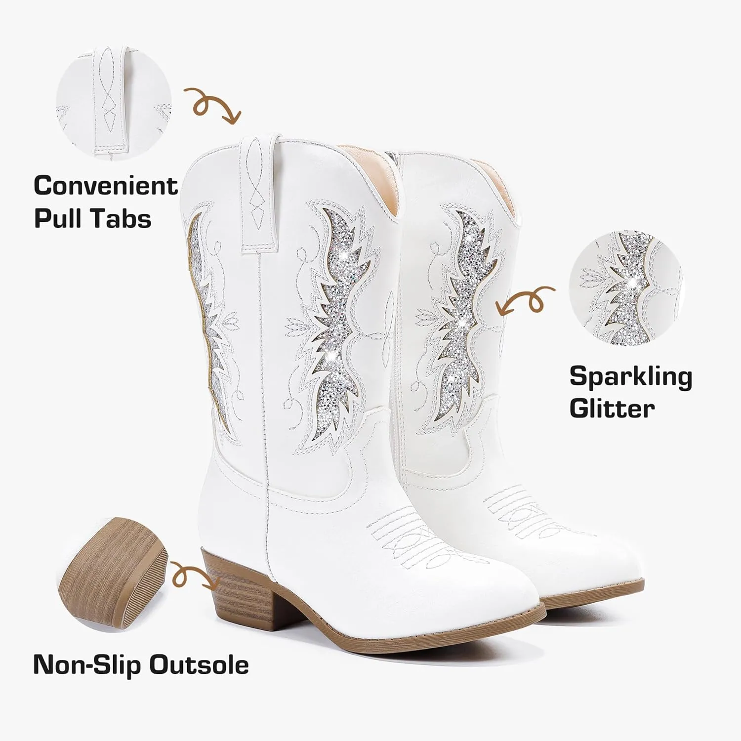 Sparkly Glitter Cowgirl Cowboy Boots for Girls Little Kids Mid Calf Zipper Pointed Toes Low Heel Western Embroidery Party Birthday Toddler to Big Kid