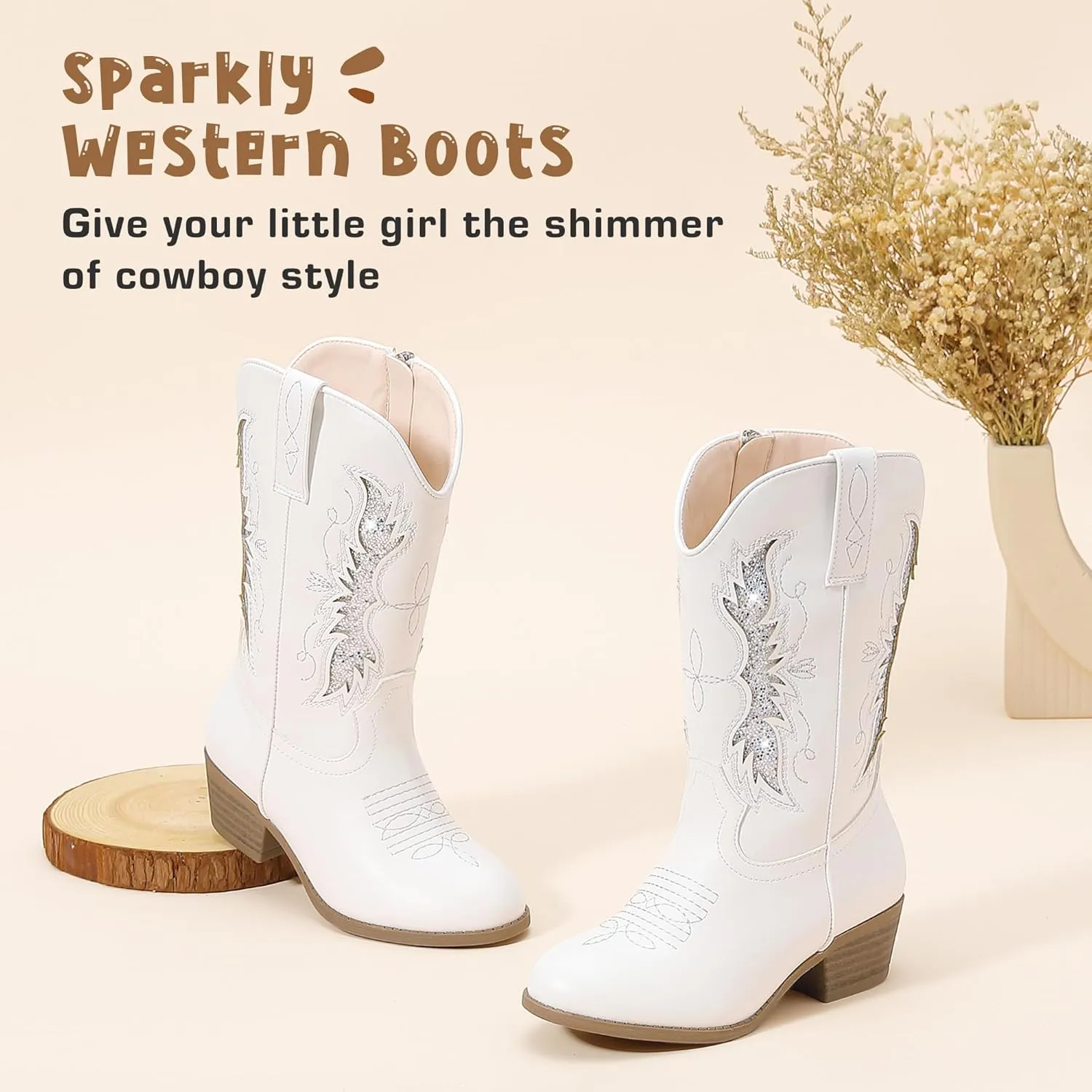 Sparkly Glitter Cowgirl Cowboy Boots for Girls Little Kids Mid Calf Zipper Pointed Toes Low Heel Western Embroidery Party Birthday Toddler to Big Kid