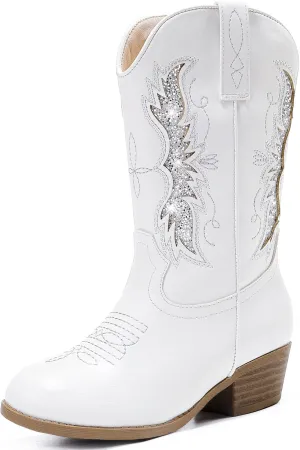 Sparkly Glitter Cowgirl Cowboy Boots for Girls Little Kids Mid Calf Zipper Pointed Toes Low Heel Western Embroidery Party Birthday Toddler to Big Kid