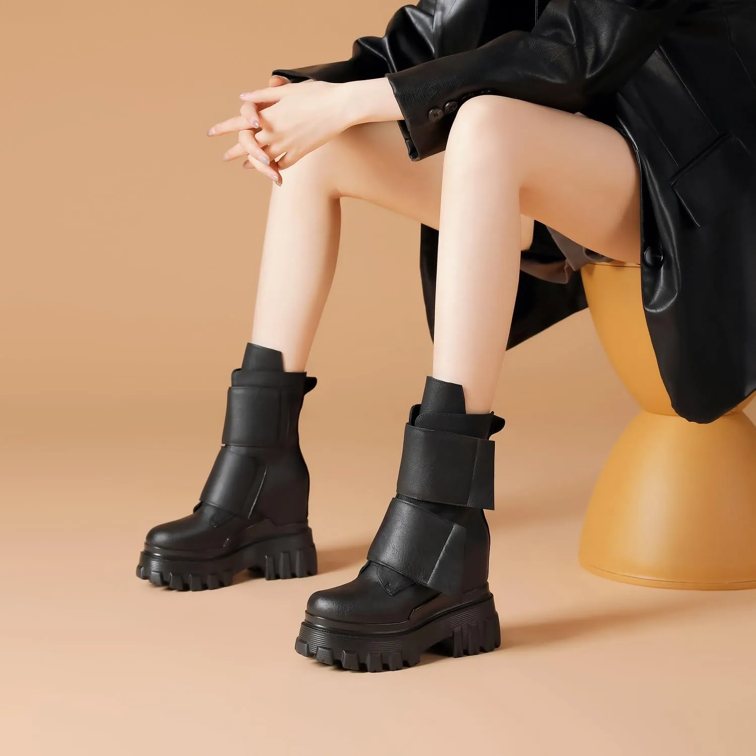 Spring Autumn Winter Retro Hidden Height Increasing Platform Wedges Genuine Leather Women Vintage Ankle Short Boots 40821