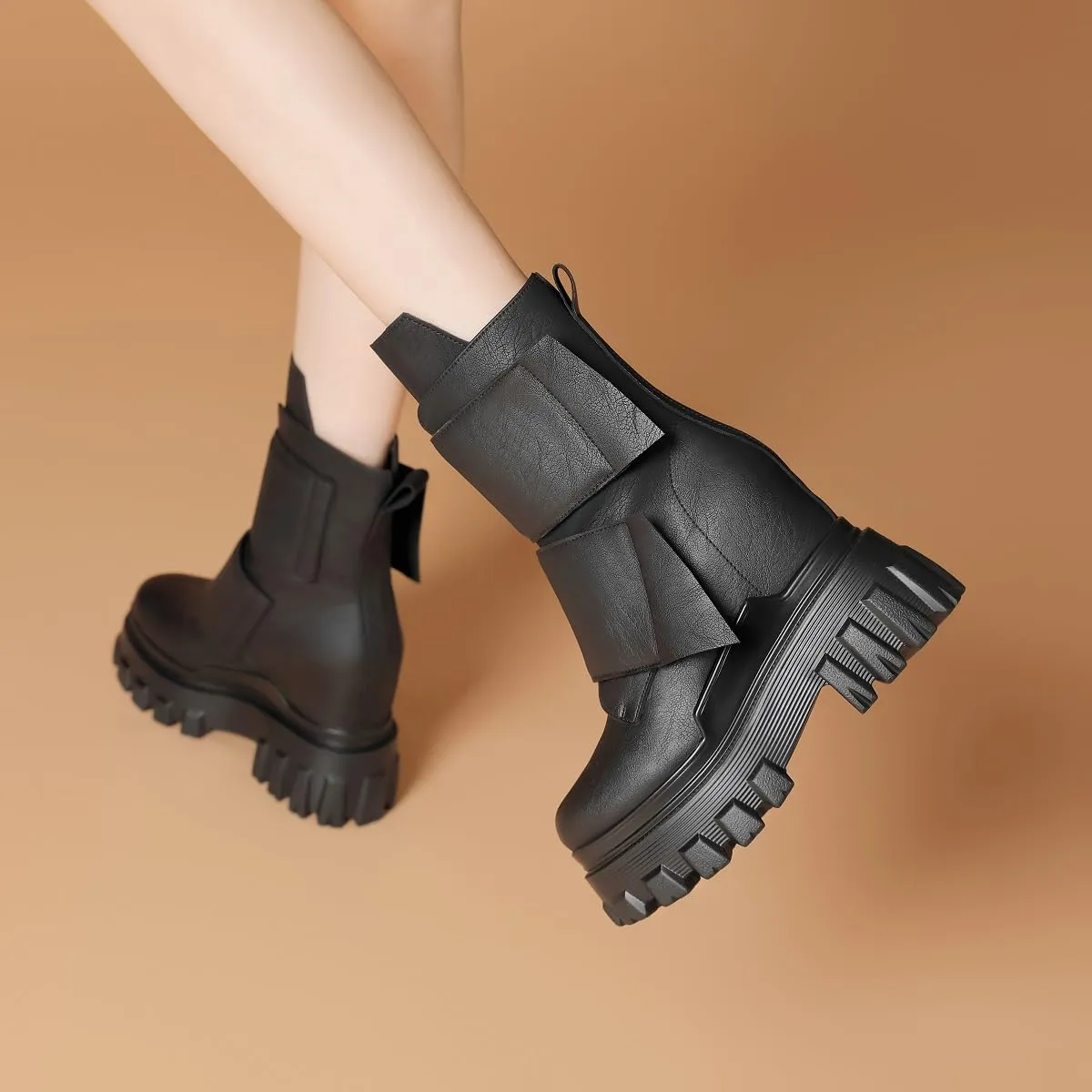 Spring Autumn Winter Retro Hidden Height Increasing Platform Wedges Genuine Leather Women Vintage Ankle Short Boots 40821