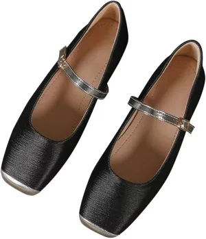 Stunner Mary Jane Square Toe Black Ballet Flats for Women - Comfortable Ankle Strap Casual Slip On Flats
