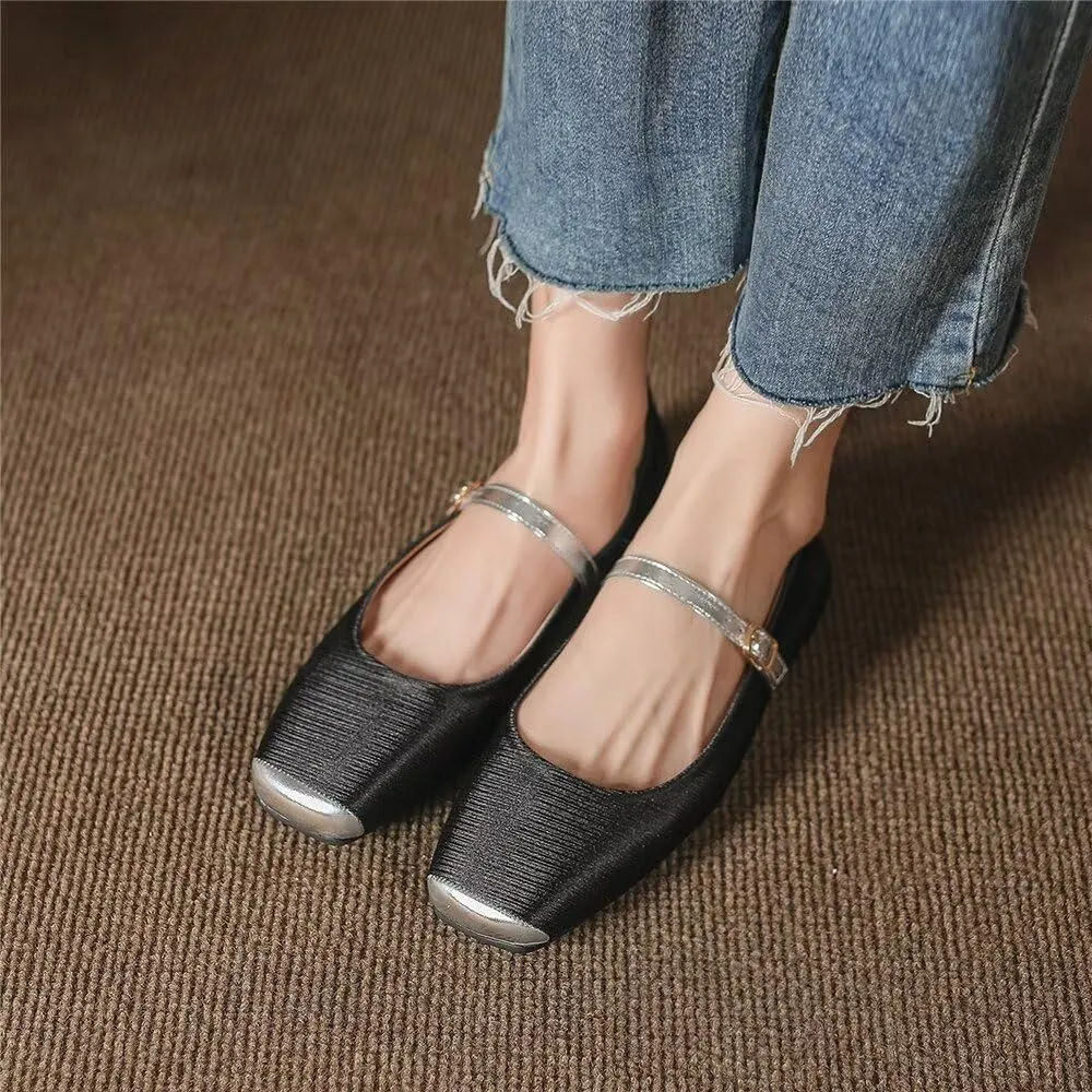 Stunner Mary Jane Square Toe Black Ballet Flats for Women - Comfortable Ankle Strap Casual Slip On Flats