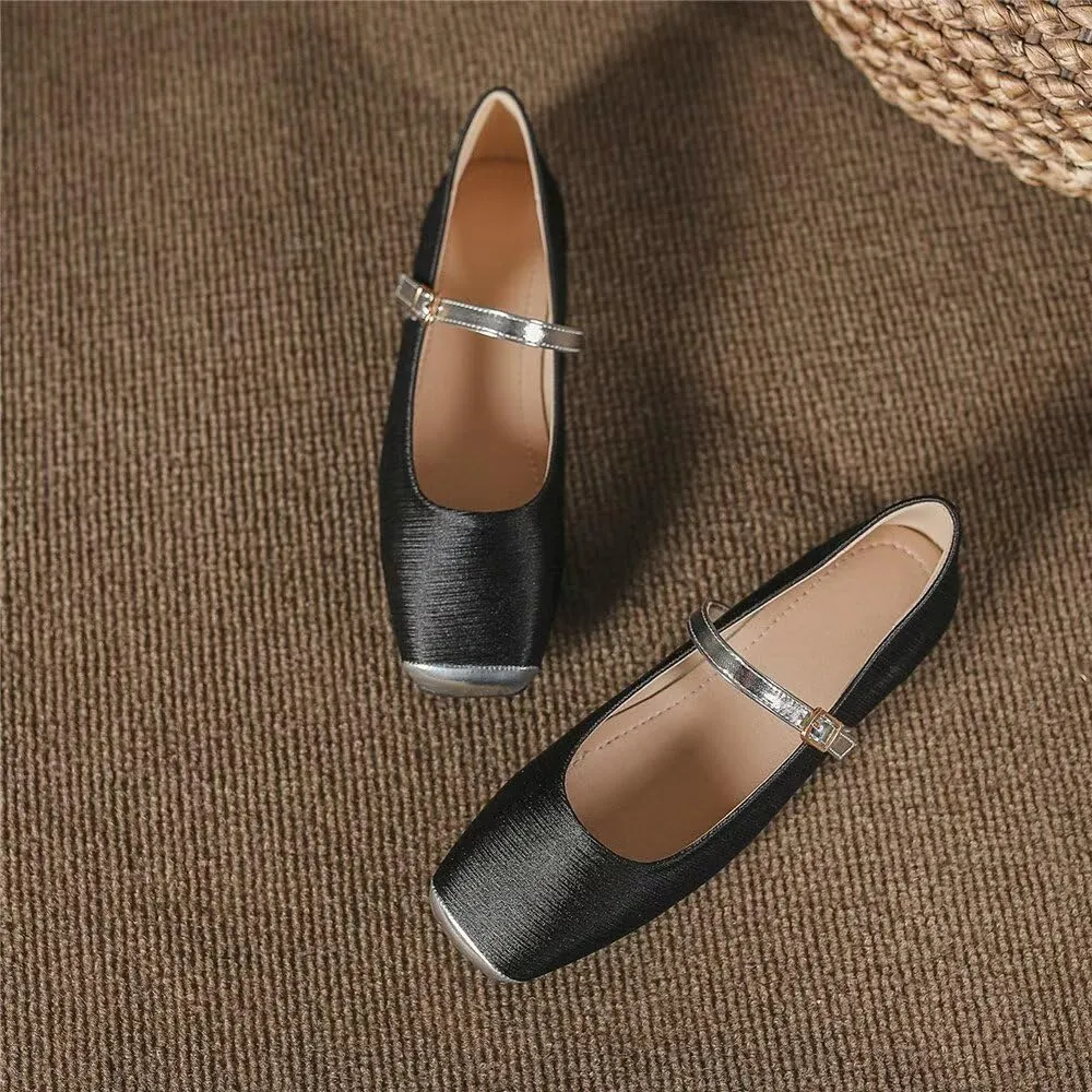 Stunner Mary Jane Square Toe Black Ballet Flats for Women - Comfortable Ankle Strap Casual Slip On Flats