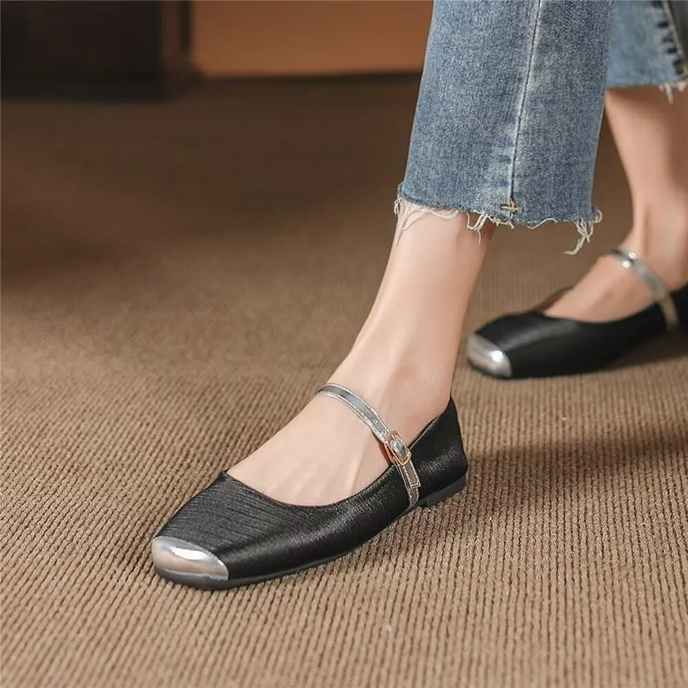 Stunner Mary Jane Square Toe Black Ballet Flats for Women - Comfortable Ankle Strap Casual Slip On Flats