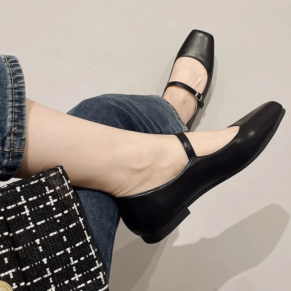 Stunner Women's Leather Dress Flats - Comfortable Square Toe Slip On Mary Jane Work Flats