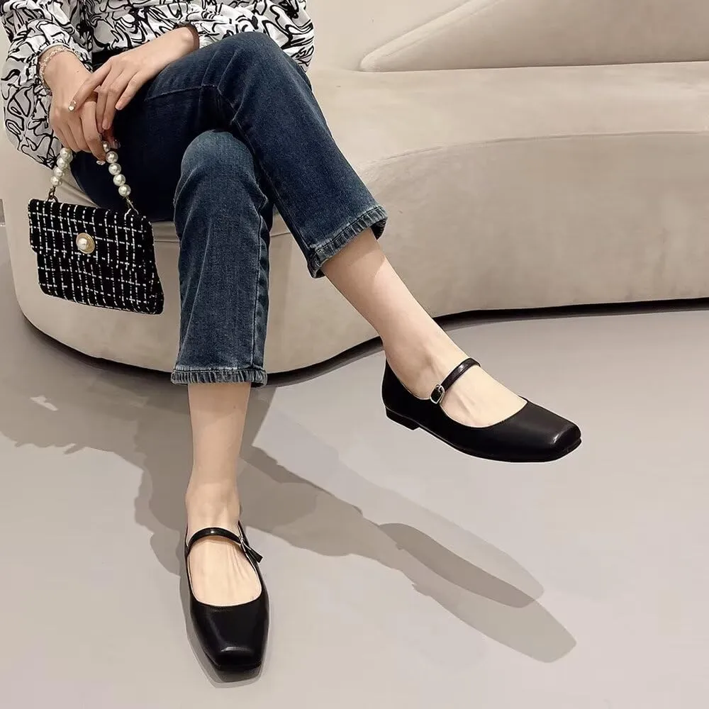 Stunner Women's Leather Dress Flats - Comfortable Square Toe Slip On Mary Jane Work Flats
