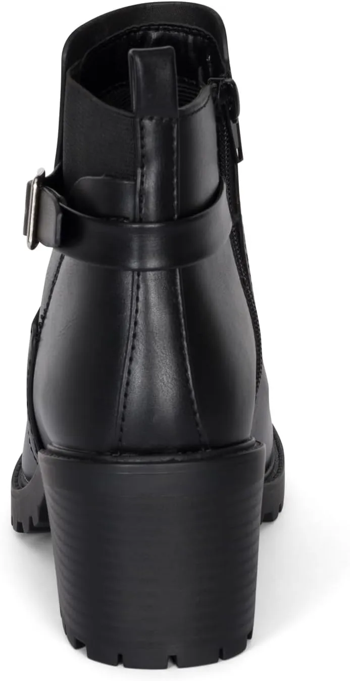 STYLISH S BLAZE ~ Womens Low Chuncky Stacked Heel Ankle Boots Elastic Gore with Buckle and Zipper