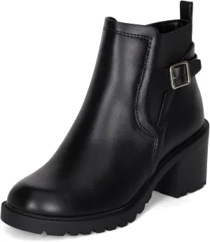 STYLISH S BLAZE ~ Womens Low Chuncky Stacked Heel Ankle Boots Elastic Gore with Buckle and Zipper