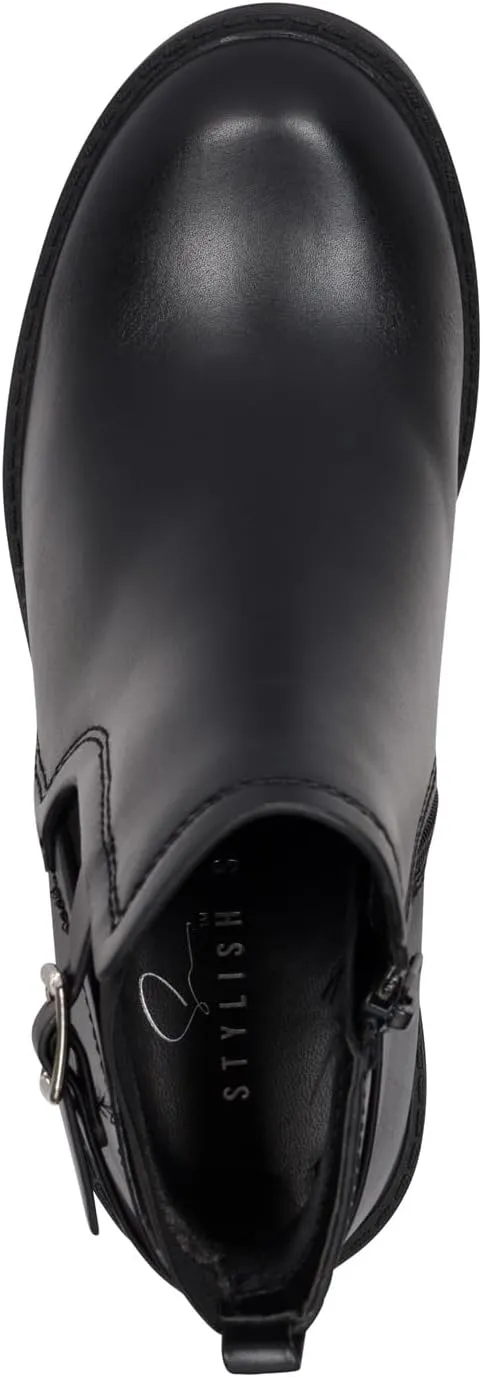 STYLISH S BLAZE ~ Womens Low Chuncky Stacked Heel Ankle Boots Elastic Gore with Buckle and Zipper