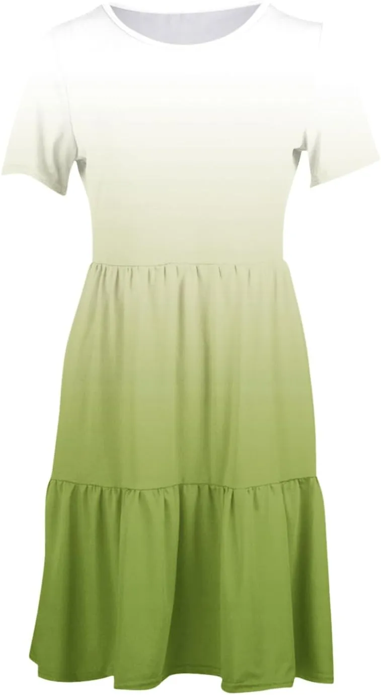 Summer Dresses for Women Gradient Round Neck Short Sleeve Loose Dress Beach Vacation Casual Party Sundress