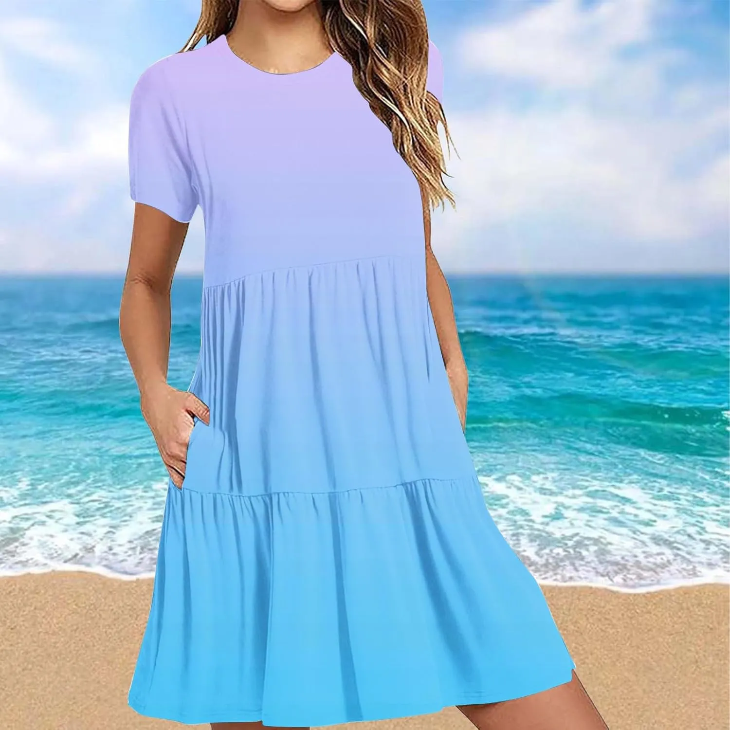 Summer Dresses for Women Gradient Round Neck Short Sleeve Loose Dress Beach Vacation Casual Party Sundress