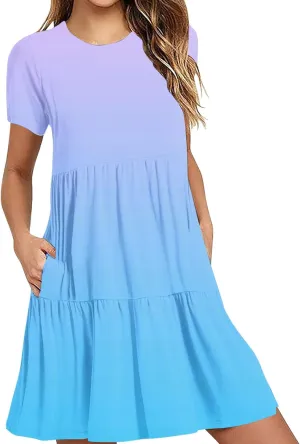 Summer Dresses for Women Gradient Round Neck Short Sleeve Loose Dress Beach Vacation Casual Party Sundress