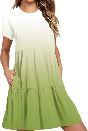 Summer Dresses for Women Gradient Round Neck Short Sleeve Loose Dress Beach Vacation Casual Party Sundress