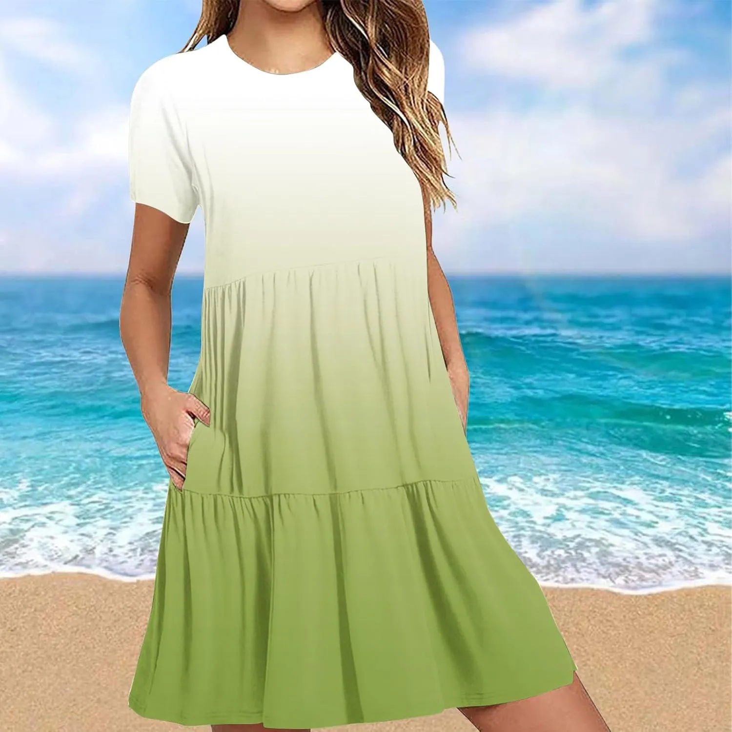 Summer Dresses for Women Gradient Round Neck Short Sleeve Loose Dress Beach Vacation Casual Party Sundress