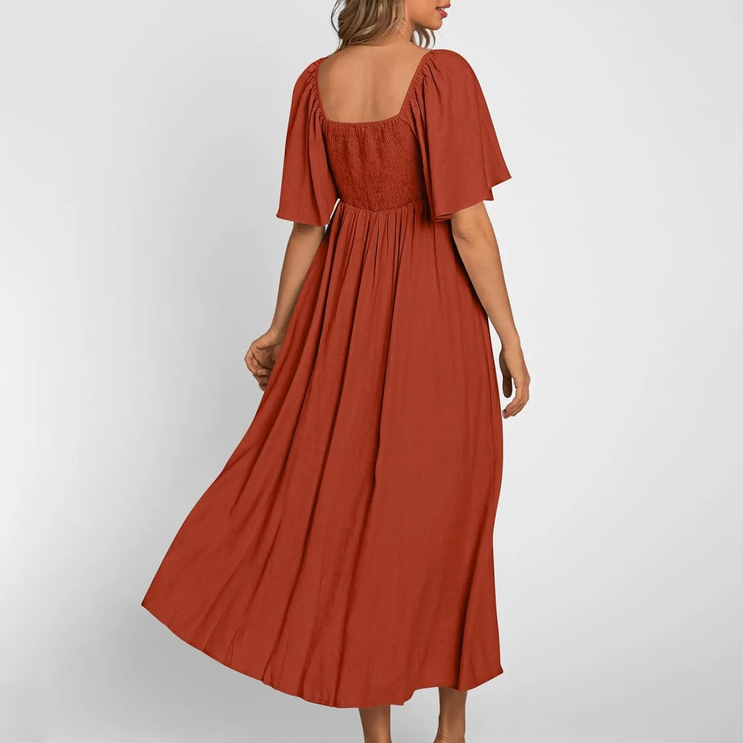 Summer Dresses for Women Solid V-Neck Short Sleeve Pleated Bow Midi Dress Casual Beach Travel Sundress