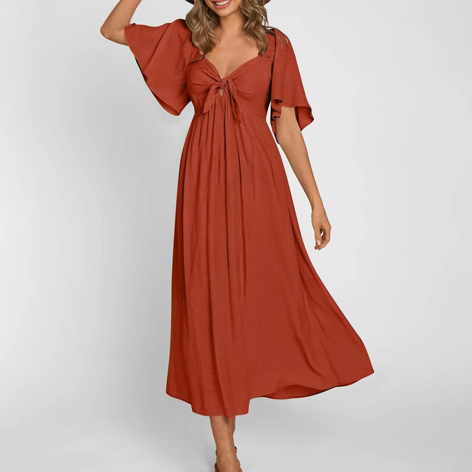 Summer Dresses for Women Solid V-Neck Short Sleeve Pleated Bow Midi Dress Casual Beach Travel Sundress